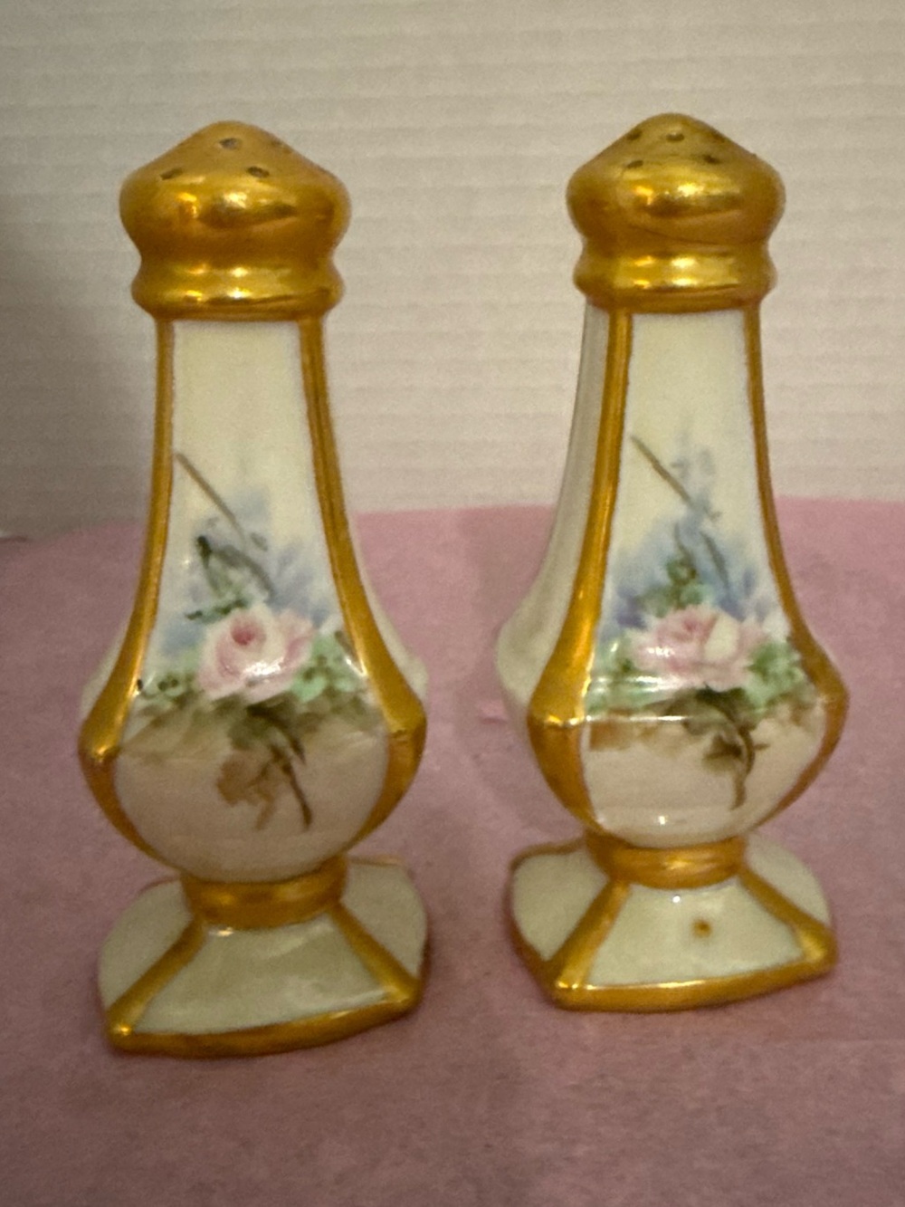 Porcelain Floral Salt and Pepper Shakers with Gold Trim - White and Pink